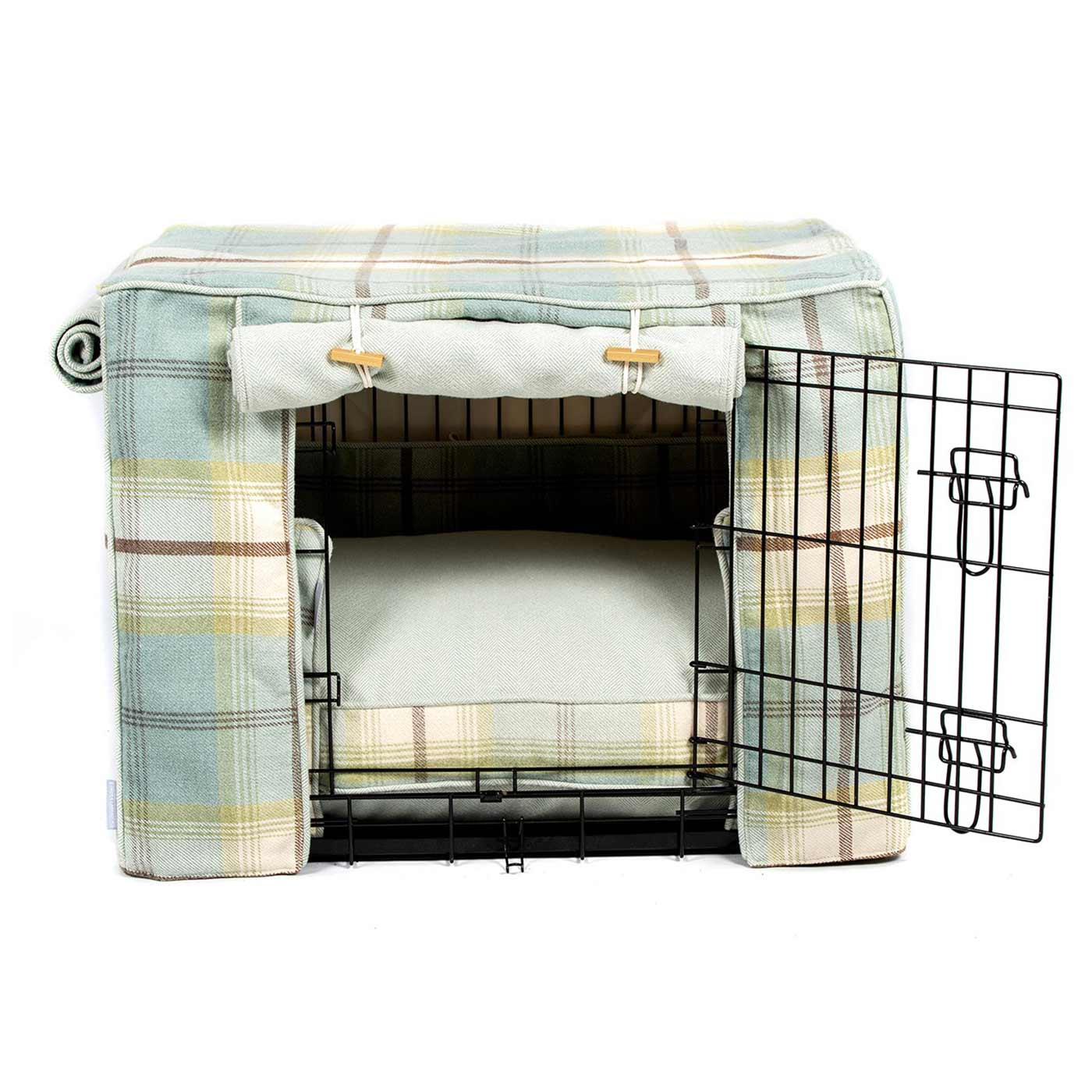 Luxury Heavy Duty Dog Cage, In Stunning Balmoral Duck Egg Tweed Cage Set, The Perfect Dog Cage Set For Building The Ultimate Pet Den! Dog Cage Cover Available To Personalize at Lords & Labradors US
