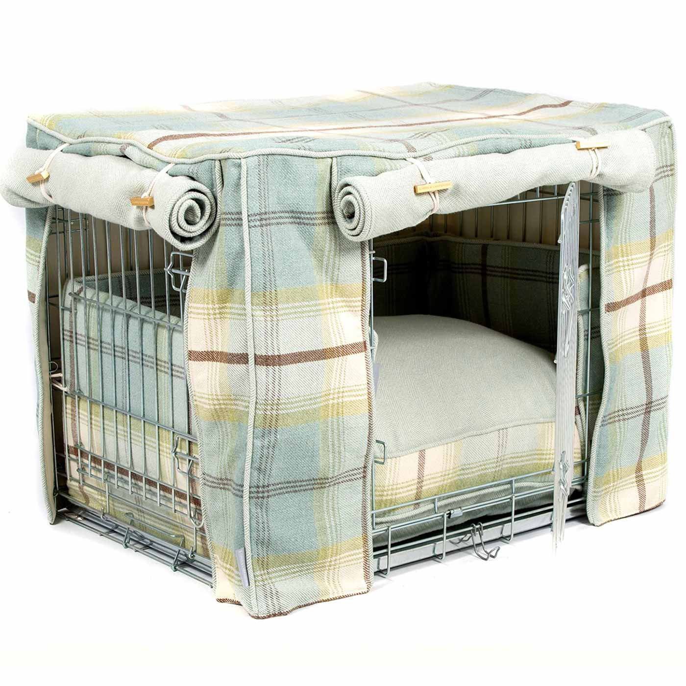 Luxury Heavy Duty Dog Cage, In Stunning Balmoral Duck Egg Tweed Cage Set, The Perfect Dog Cage Set For Building The Ultimate Pet Den! Dog Cage Cover Available To Personalize at Lords & Labradors US
