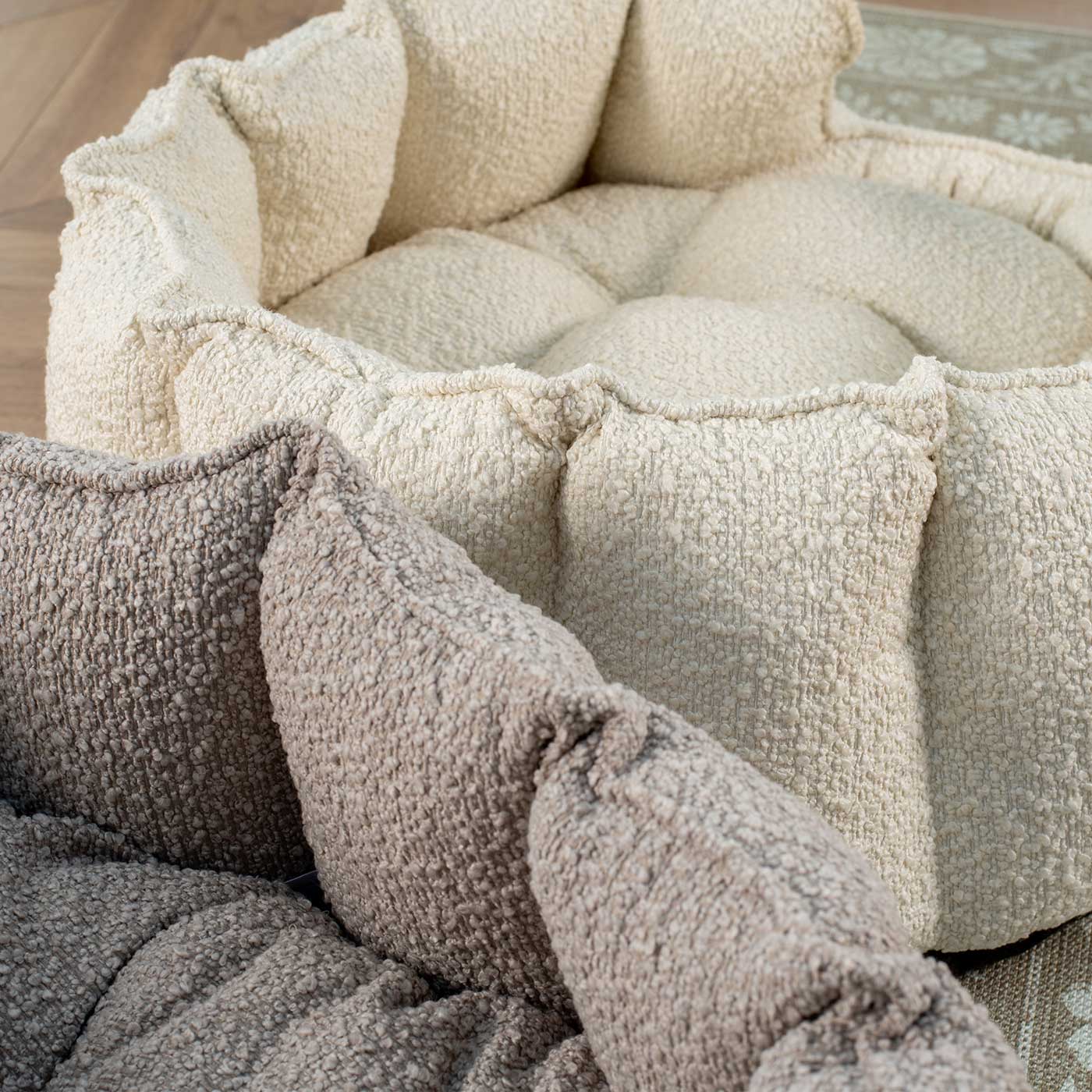 Discover Our Luxurious High Wall Bed For Cats & Kittens, Featuring inner pillow with plush teddy fleece on one side To Craft The Perfect Cat Bed In Stunning Ivory Boucle! Available To Personalize Now at Lords & Labradors US