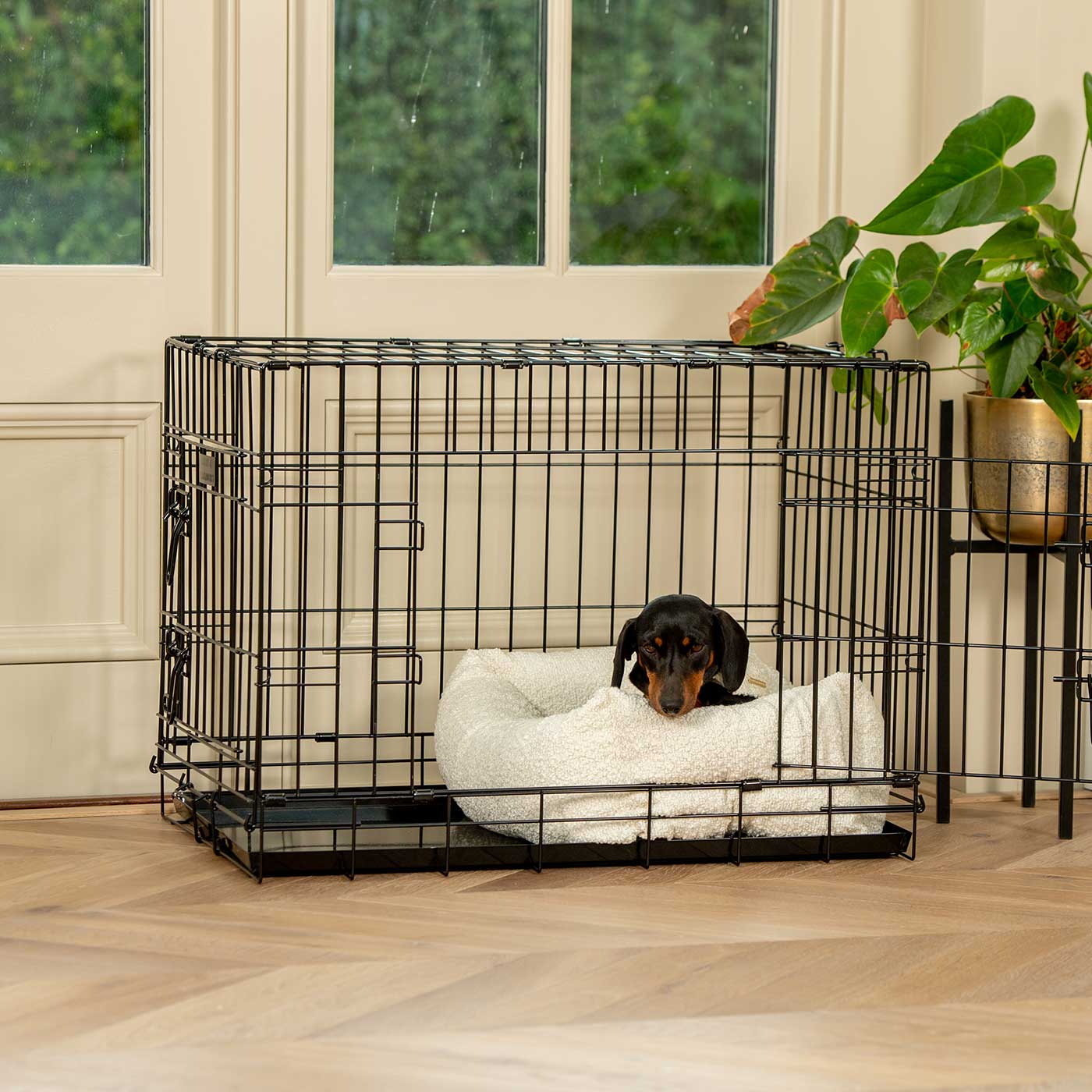 Cozy & Calm Puppy Cage Bed, The Perfect Dog Cage Accessory For The Ultimate Dog Den! In Stunning Ivory Boucle! Available Now at Lords & Labradors US