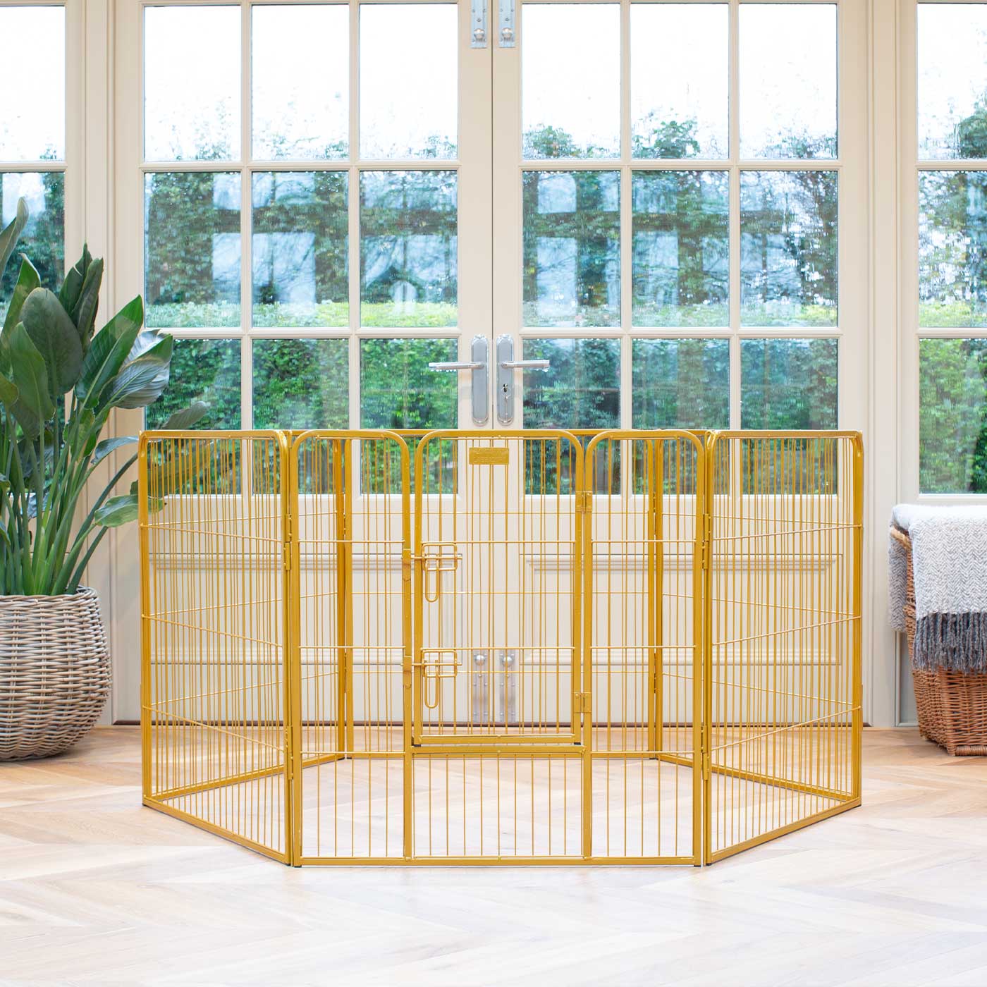 Ensure The Ultimate Puppy Safety with Our Heavy Duty 80cm High Gold Metal Play Pen, Crafted to Take Your Pet Right Through Maturity! Powder Coated to Be Extra Hardwearing! 6 panels that are 80cm high and attachments to connect to any cage. The modular system allows you to change the puppy pen shape with multiple layouts! Available To Now at Lords & Labradors US