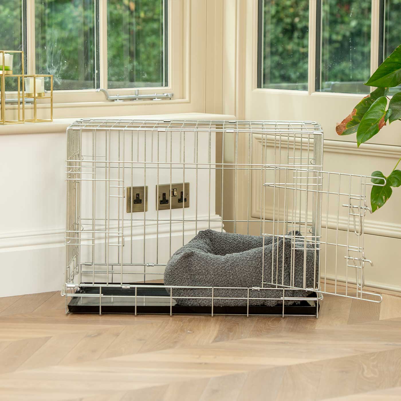 Cozy & Calming Puppy Cage Bed, The Perfect Dog Cage Accessory For The Ultimate Dog Den! In Stunning Granite Bouclé! Available To Personalize at Lords & Labradors US