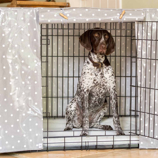 Luxury Dog Cage Cover, Grey Spot Oil Cloth Cage Cover The Perfect Dog Cage Accessory, now available at Lords and Labradors US