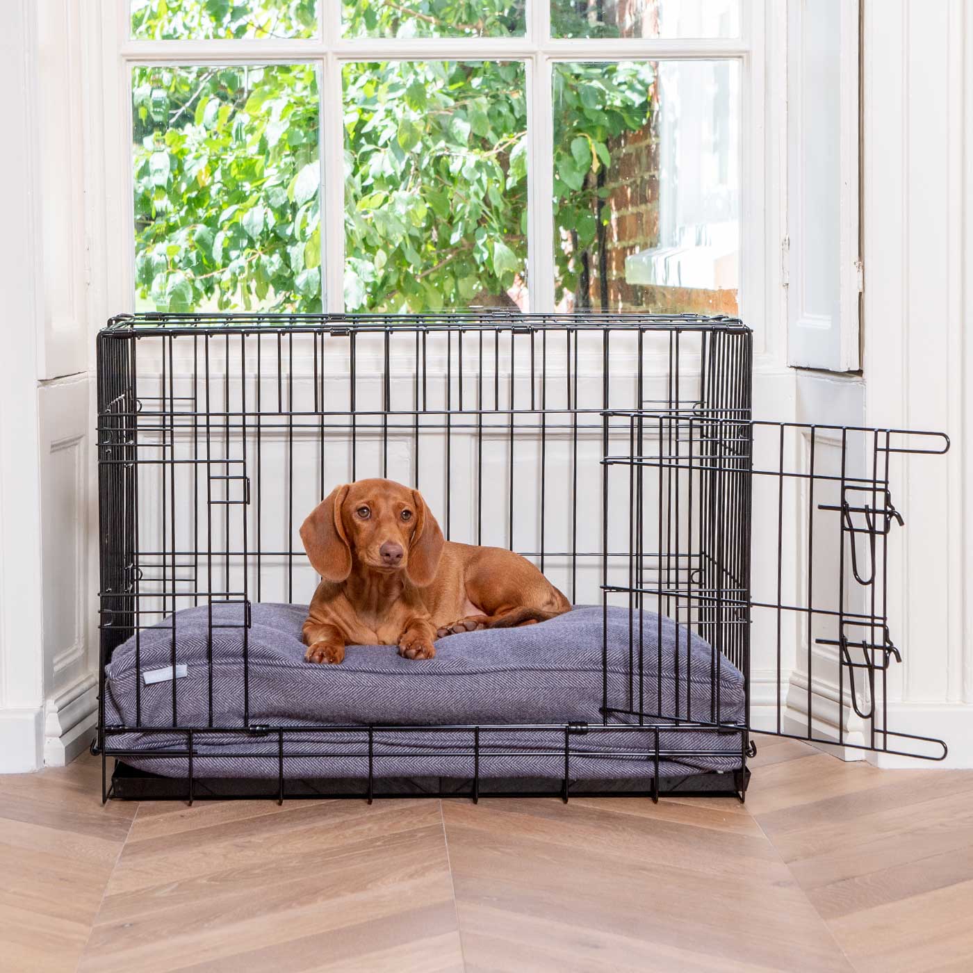 Luxury Dog Cage Cushion, Oxford Herringbone Tweed Cage Cushion The Perfect Dog Cage Accessory, Available To Personalize Now at Lords & Labradors US