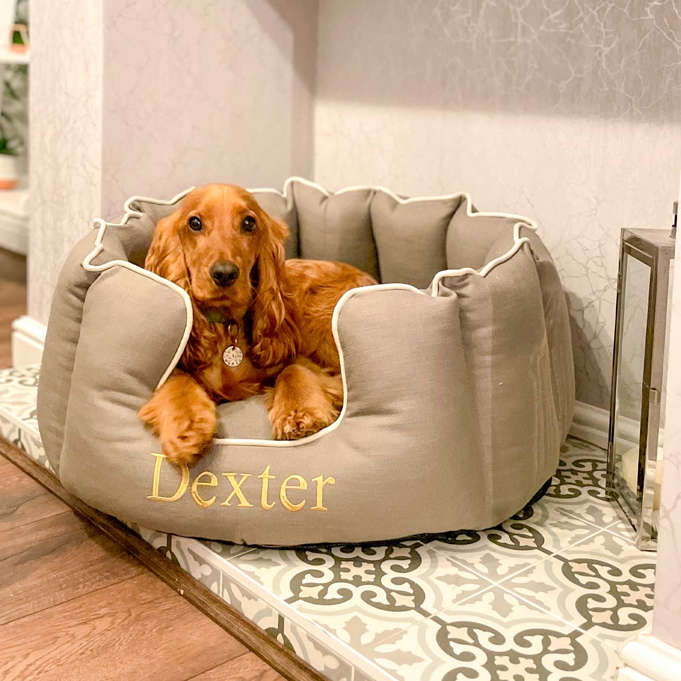 Discover Our Luxurious High Wall Bed For Dogs, Featuring inner pillow with plush teddy fleece on one side To Craft The Perfect Dogs Bed In Stunning Savanna Stone! Available To Personalize Now at Lords & Labradors US