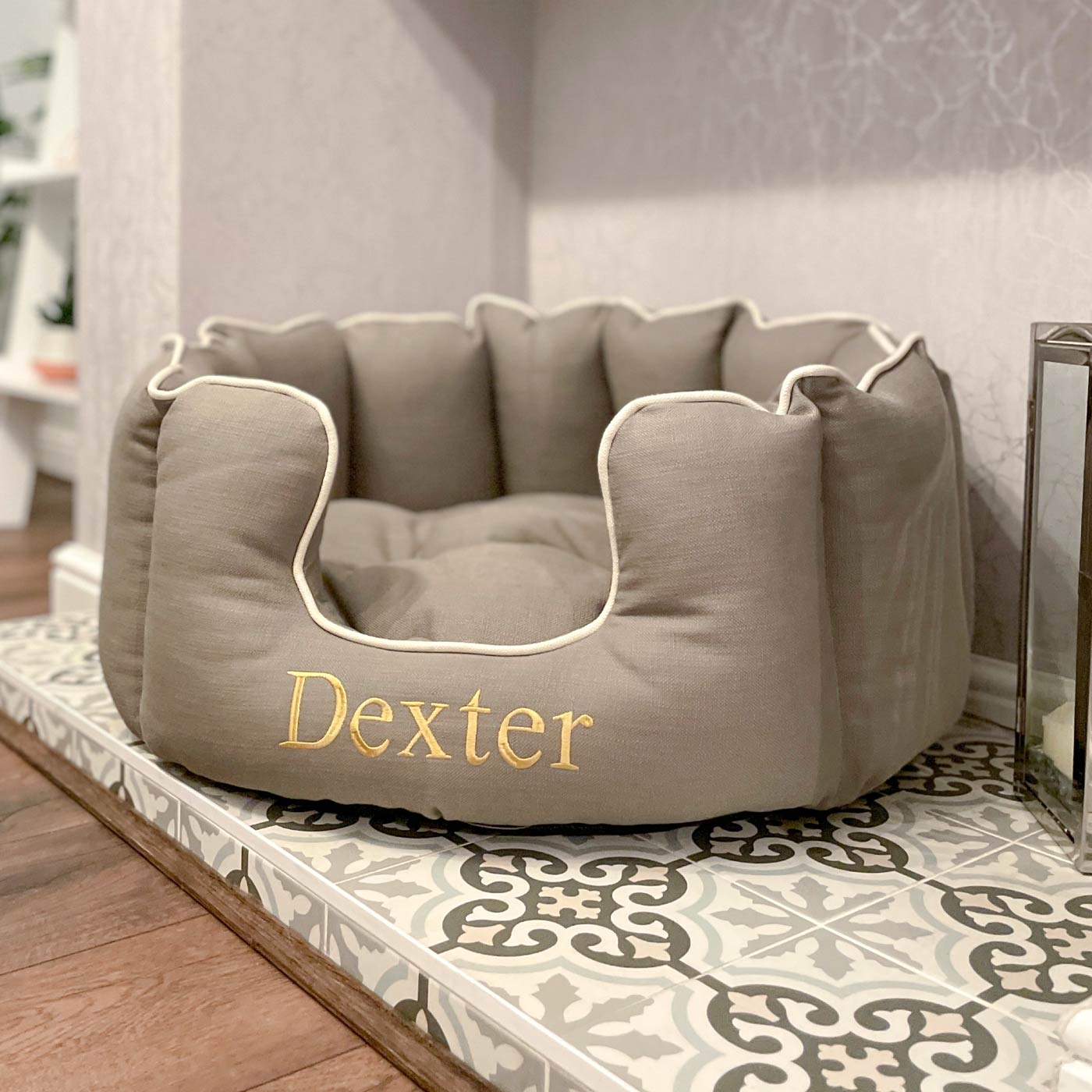 Discover Our Luxurious High Wall Bed For Dogs, Featuring inner pillow with plush teddy fleece on one side To Craft The Perfect Dogs Bed In Stunning Savanna Stone! Available To Personalize Now at Lords & Labradors US