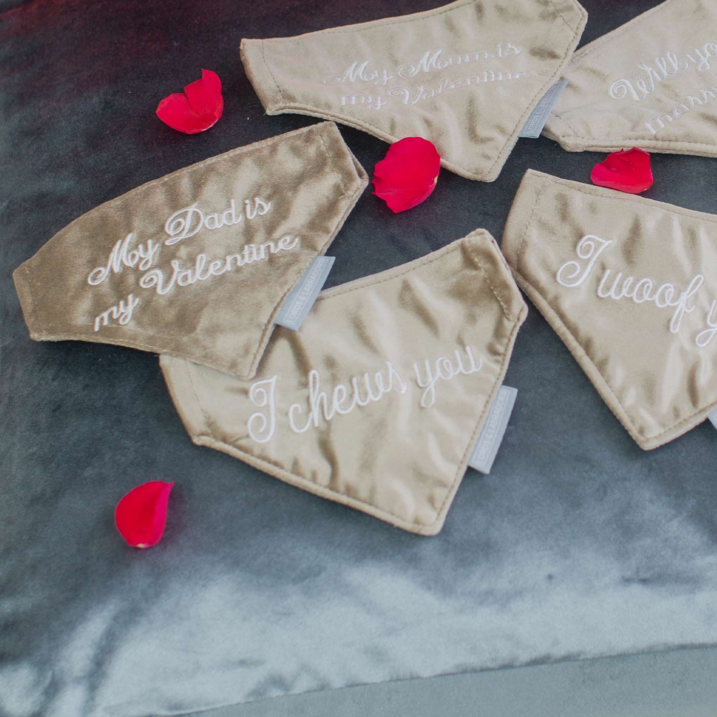 [color:mushroom velvet] Discover The Perfect Bandana For Dogs, 'I Chews You' Valentine Dog Bandana In Luxury Mushroom Velvet, Available Now at Lords & Labradors US