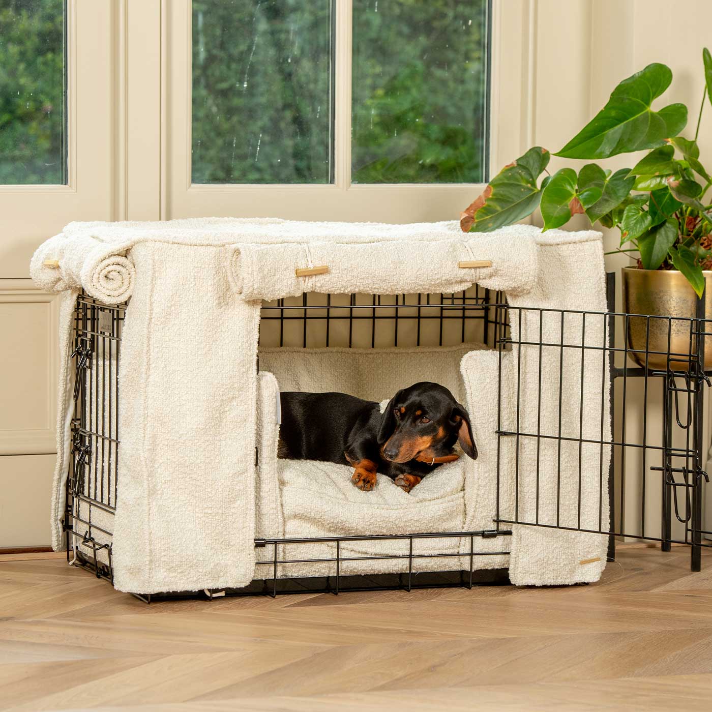 Luxury Heavy Duty Dog Cage, In Stunning Ivory Bouclé Cage Set, The Perfect Dog Cage Set For Building The Ultimate Pet Den! Dog Cage Cover Available To Personalize at Lords & Labradors US