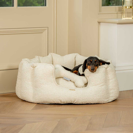 [color:ivory boucle] Discover Our Luxurious High Wall Bed For Dogs, Featuring inner pillow with plush teddy fleece on one side To Craft The Perfect Dogs Bed In Stunning Ivory Bouclé! Available To Personalize Now at Lords & Labradors US