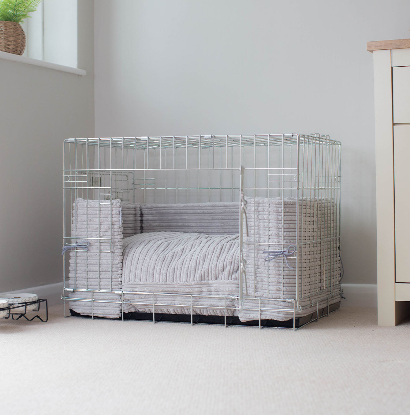 Luxury Dog Cage Bumper, Essentials Plush Cage Bumper in Light Grey The Perfect Dog Cage Accessory, Available To Personalize Now at Lords & Labradors US