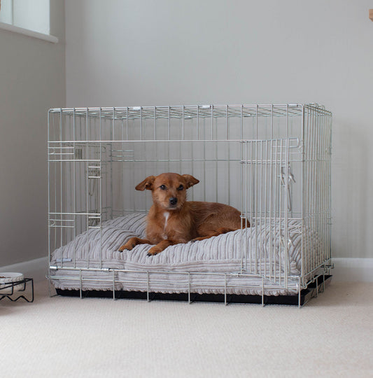 Luxury Dog Cage Cushion, Essentials Plush Cushion in Light Grey! The Perfect Dog Cage Accessory, Available To Personalize Now at Lords & Labradors US