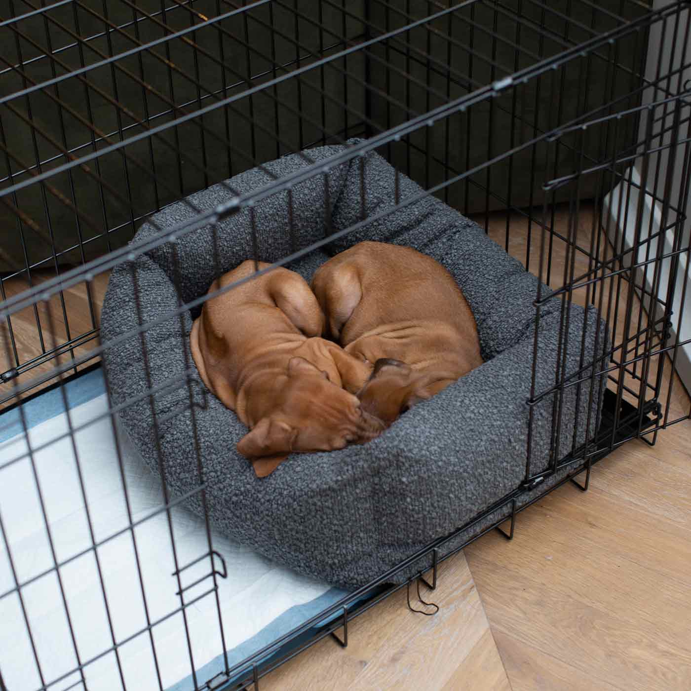 Cozy & Calming Puppy Cage Bed, The Perfect Dog Cage Accessory For The Ultimate Dog Den! In Stunning Granite Bouclé! Available To Personalize at Lords & Labradors US