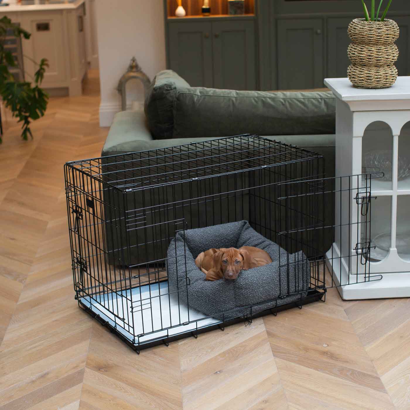 Cozy & Calming Puppy Cage Bed, The Perfect Dog Cage Accessory For The Ultimate Dog Den! In Stunning Granite Bouclé! Available To Personalize at Lords & Labradors US
