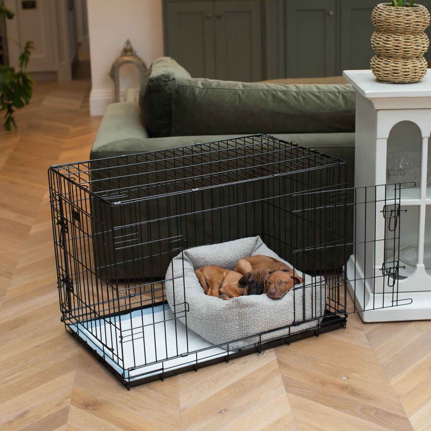 Cozy & Calm Puppy Cage Bed, The Perfect Dog Cage Accessory For The Ultimate Dog Den! In Stunning Mink Boucle! Available Now at Lords & Labradors US