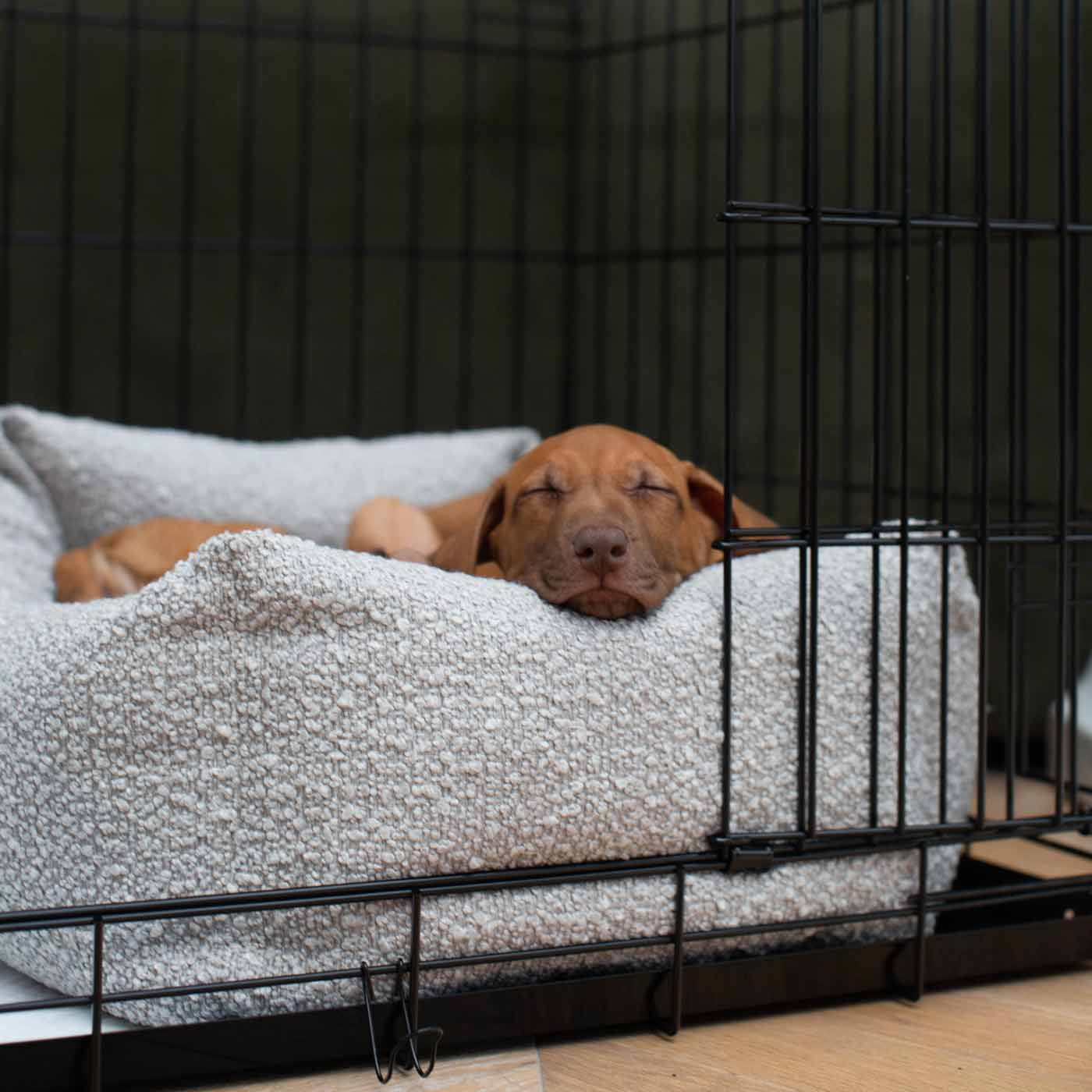 Cozy & Calm Puppy Cage Bed, The Perfect Dog Cage Accessory For The Ultimate Dog Den! In Stunning Mink Boucle! Available Now at Lords & Labradors US