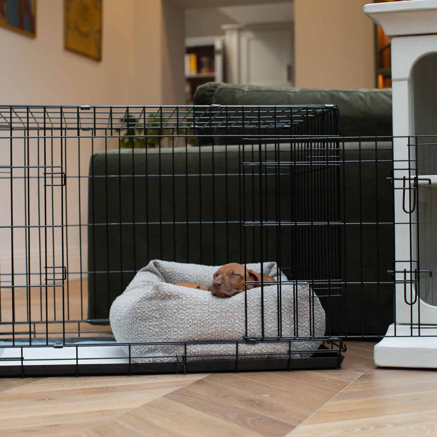 Cozy & Calm Puppy Cage Bed, The Perfect Dog Cage Accessory For The Ultimate Dog Den! In Stunning Mink Boucle! Available Now at Lords & Labradors US