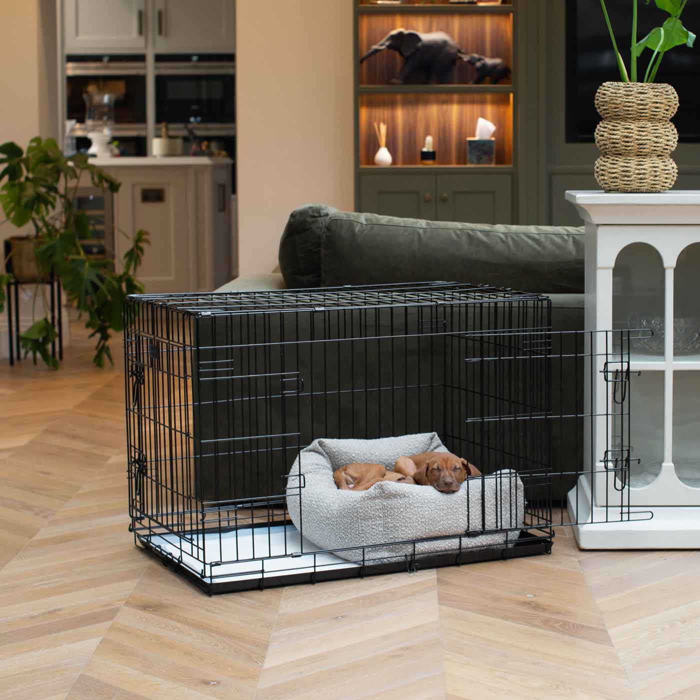 Cozy & Calm Puppy Cage Bed, The Perfect Dog Cage Accessory For The Ultimate Dog Den! In Stunning Mink Boucle! Available Now at Lords & Labradors US