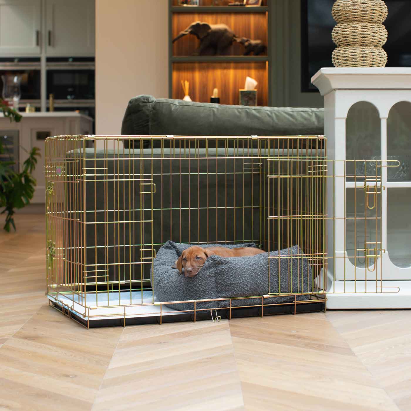 Cozy & Calming Puppy Cage Bed, The Perfect Dog Cage Accessory For The Ultimate Dog Den! In Stunning Granite Bouclé! Available To Personalize at Lords & Labradors US
