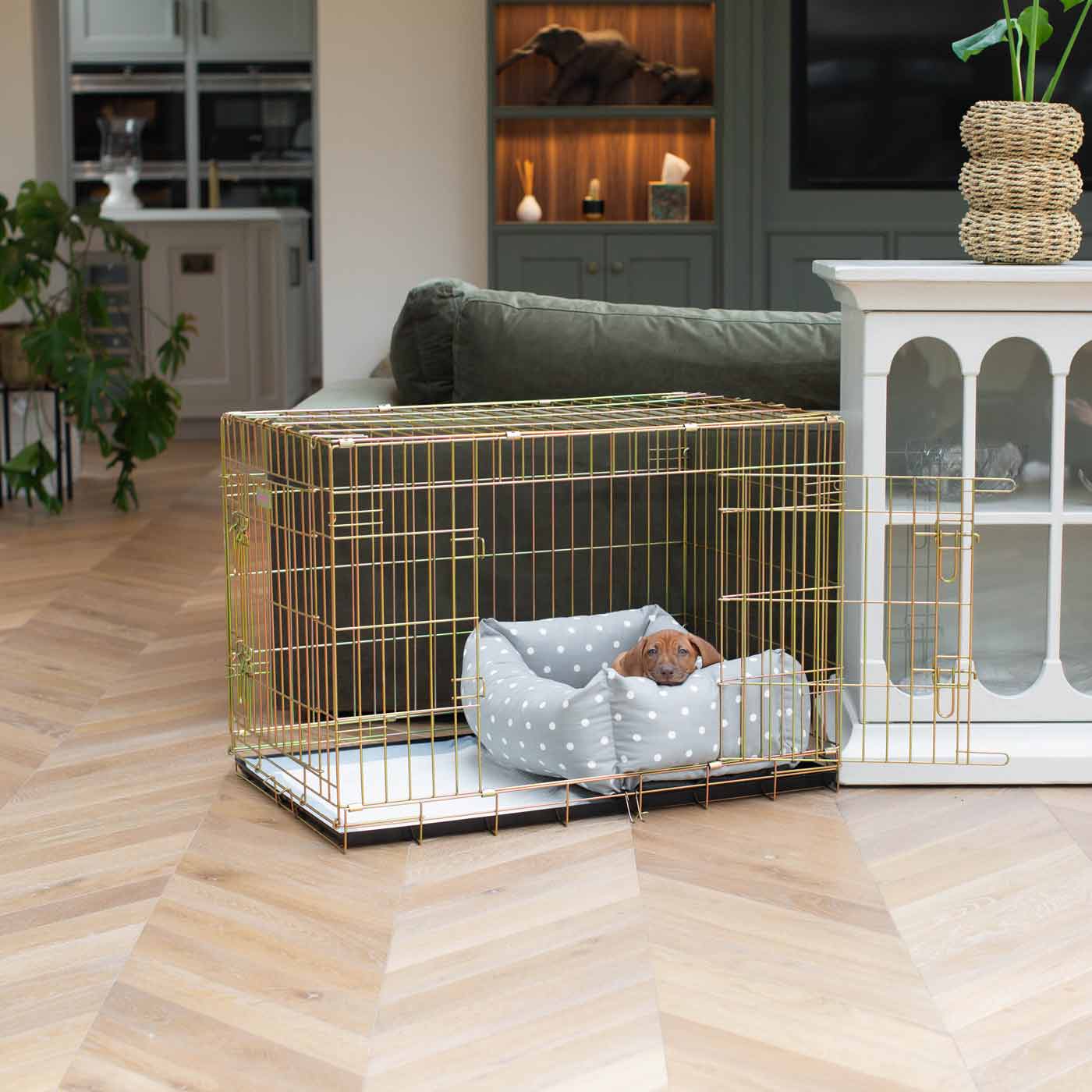 Cozy & Calming Puppy Cage Bed in Spots and Stripes, The Perfect Dog Cage Accessory For The Ultimate Dog Den! In Stunning Duck Egg Spot! Available To Personalize at Lords & Labradors US