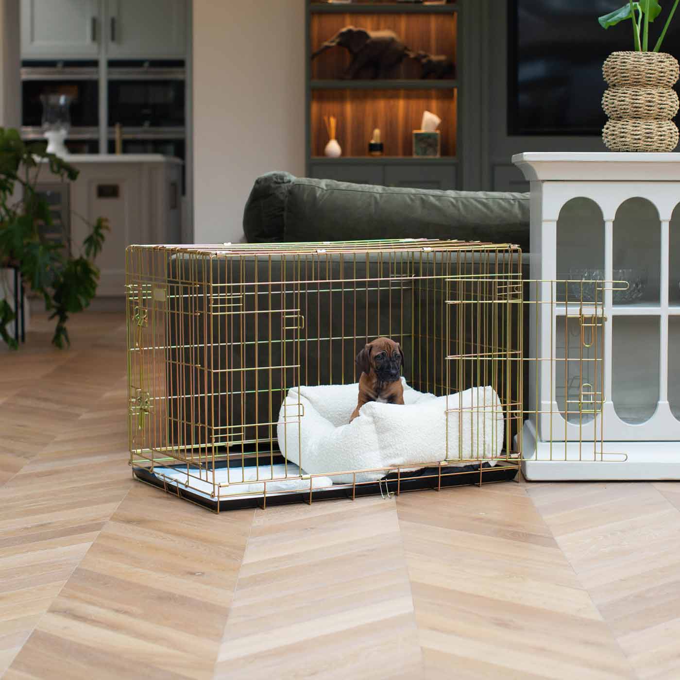 Cozy & Calm Puppy Cage Bed, The Perfect Dog Cage Accessory For The Ultimate Dog Den! In Stunning Ivory Boucle! Available Now at Lords & Labradors US