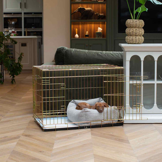 Cozy & Calm Puppy Cage Bed, The Perfect Dog Cage Accessory For The Ultimate Dog Den! In Stunning Mink Boucle! Available Now at Lords & Labradors US