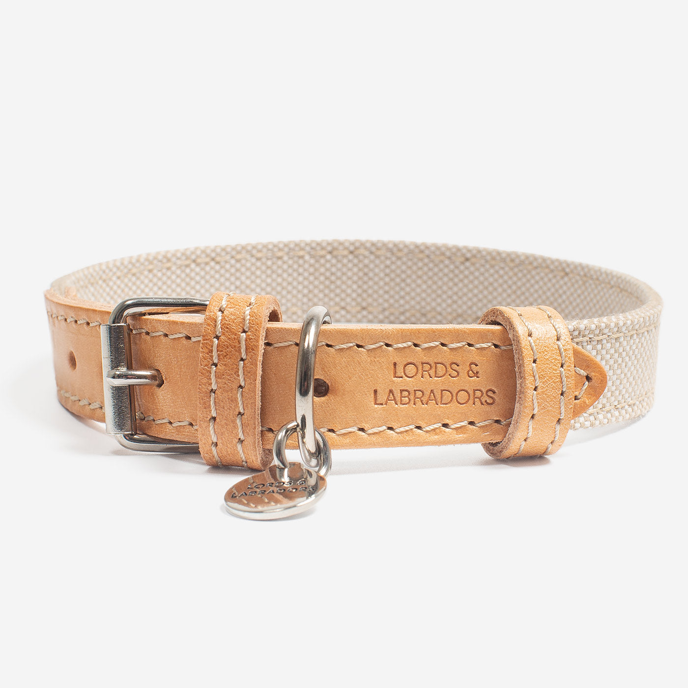 Discover dog walking luxury with our handcrafted Italian dog collar in beautiful essentials twill cream linen with cream fabric! The perfect collar for dogs available now at Lords & Labradors US