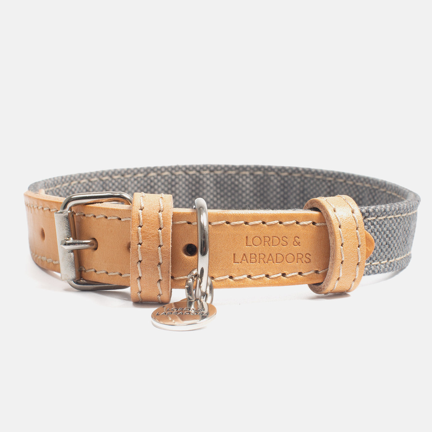 Discover dog walking luxury with our handcrafted Italian dog collar in beautiful essentials twill grey slate with grey fabric! The perfect collar for dogs available now at Lords & Labradors US