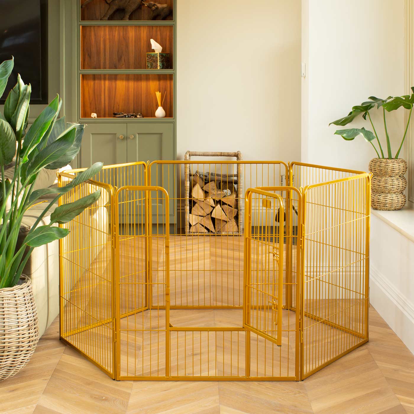 Ensure The Ultimate Puppy Safety with Our Heavy Duty 80cm High Gold Metal Play Pen, Crafted to Take Your Pet Right Through Maturity! Powder Coated to Be Extra Hardwearing! 6 panels that are 80cm high and attachments to connect to any cage. The modular system allows you to change the puppy pen shape with multiple layouts! Available To Now at Lords & Labradors US