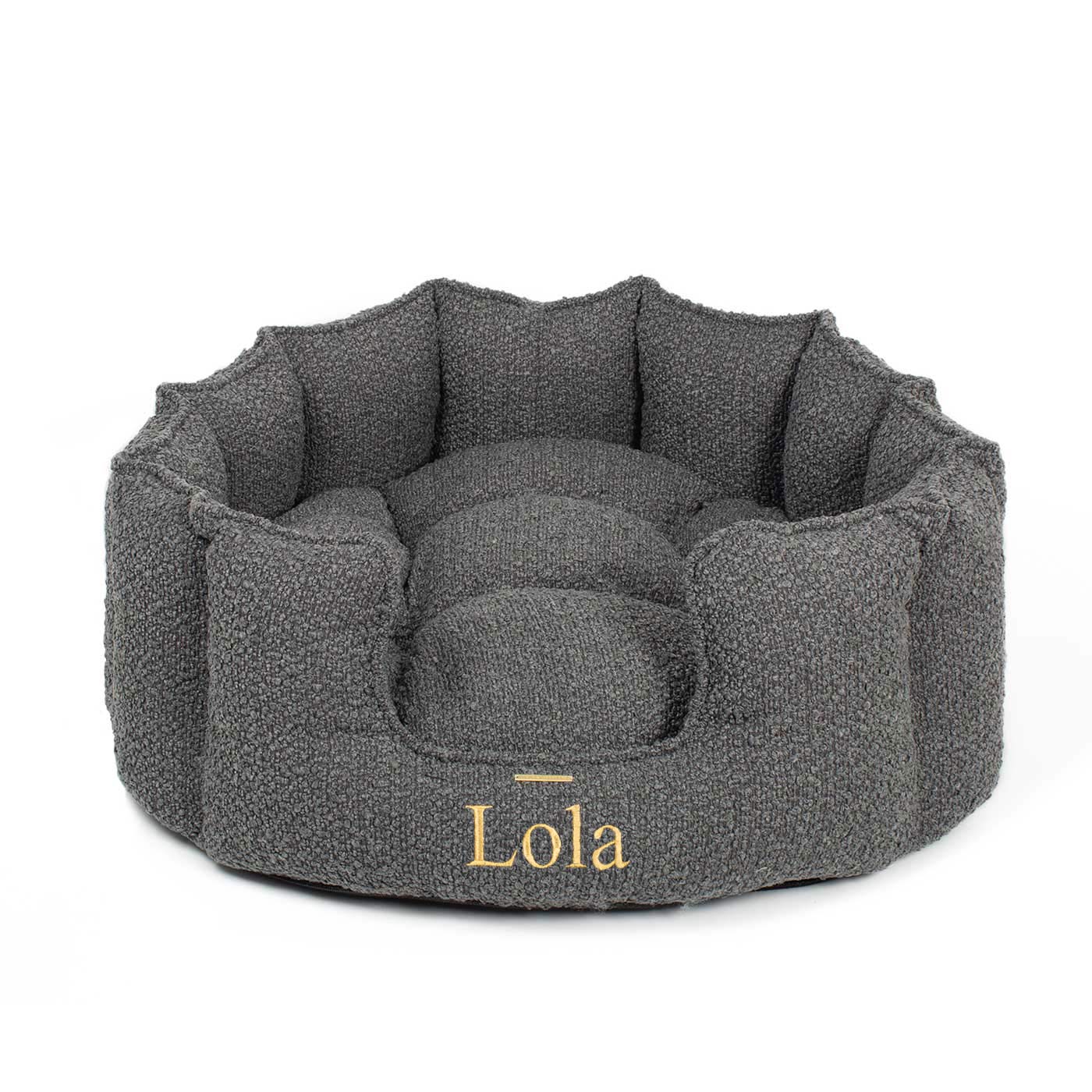 Discover Our Luxurious High Wall Bed For Cats & Kittens, Featuring inner pillow with plush teddy fleece on one side To Craft The Perfect Cat Bed In Stunning Granite Boucle! Available To Personalize Now at Lords & Labradors US