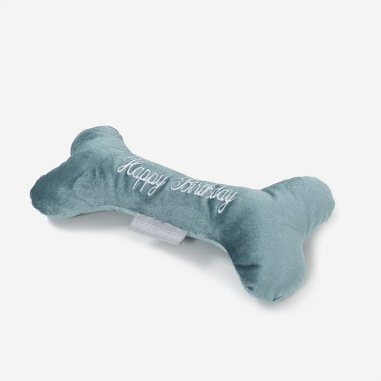 [color:duck egg velvet] Present The Perfect Pet Playtime With Our Luxury 'Happy Birthday' Dog Bone Toy, In Stunning Duck Egg Velvet! Available Now at Lords & Labradors US
