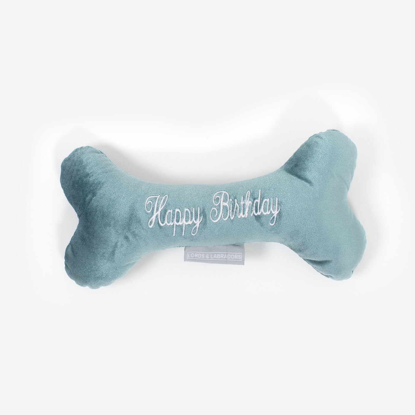 [color:duck egg velvet] Present The Perfect Pet Playtime With Our Luxury 'Happy Birthday' Dog Bone Toy, In Stunning Duck Egg Velvet! Available Now at Lords & Labradors US