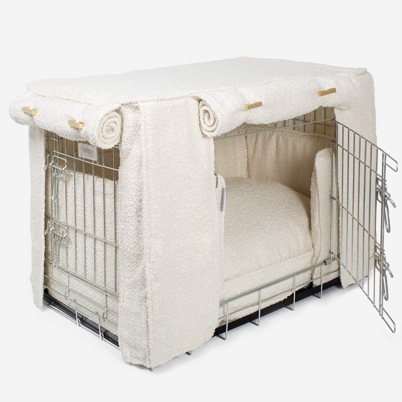 Luxury Heavy Duty Dog Cage, In Stunning Ivory Bouclé Cage Set, The Perfect Dog Cage Set For Building The Ultimate Pet Den! Dog Cage Cover Available To Personalize at Lords & Labradors US