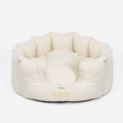 Discover Our Luxurious High Wall Bed For Dogs, Featuring inner pillow with plush teddy fleece on one side To Craft The Perfect Dogs Bed In Stunning Ivory Bouclé! Available To Personalize Now at Lords & Labradors US