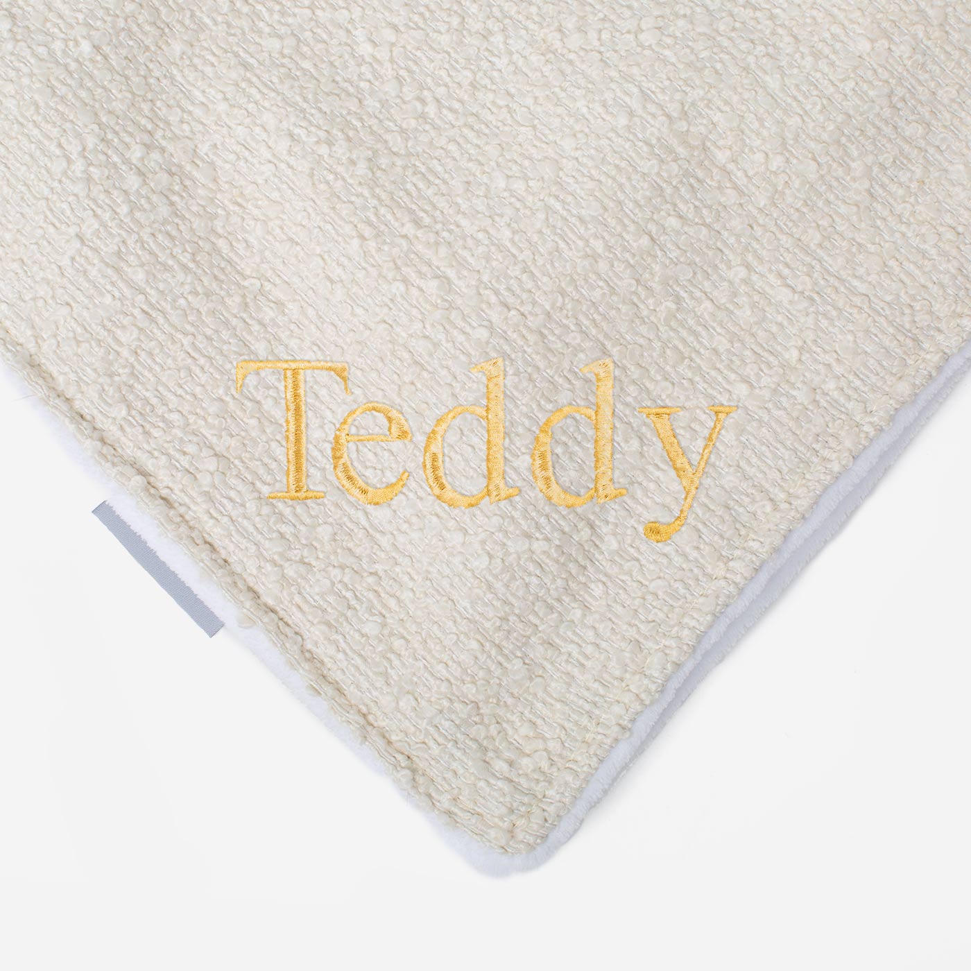 Discover Our Luxurious Dog Blanket In Luxury Ivory Bouclé Super Soft Sherpa & Teddy Fleece Lining, The Perfect Blanket For Puppies, Available To Personalize And In 2 Sizes Here at Lords & Labradors US