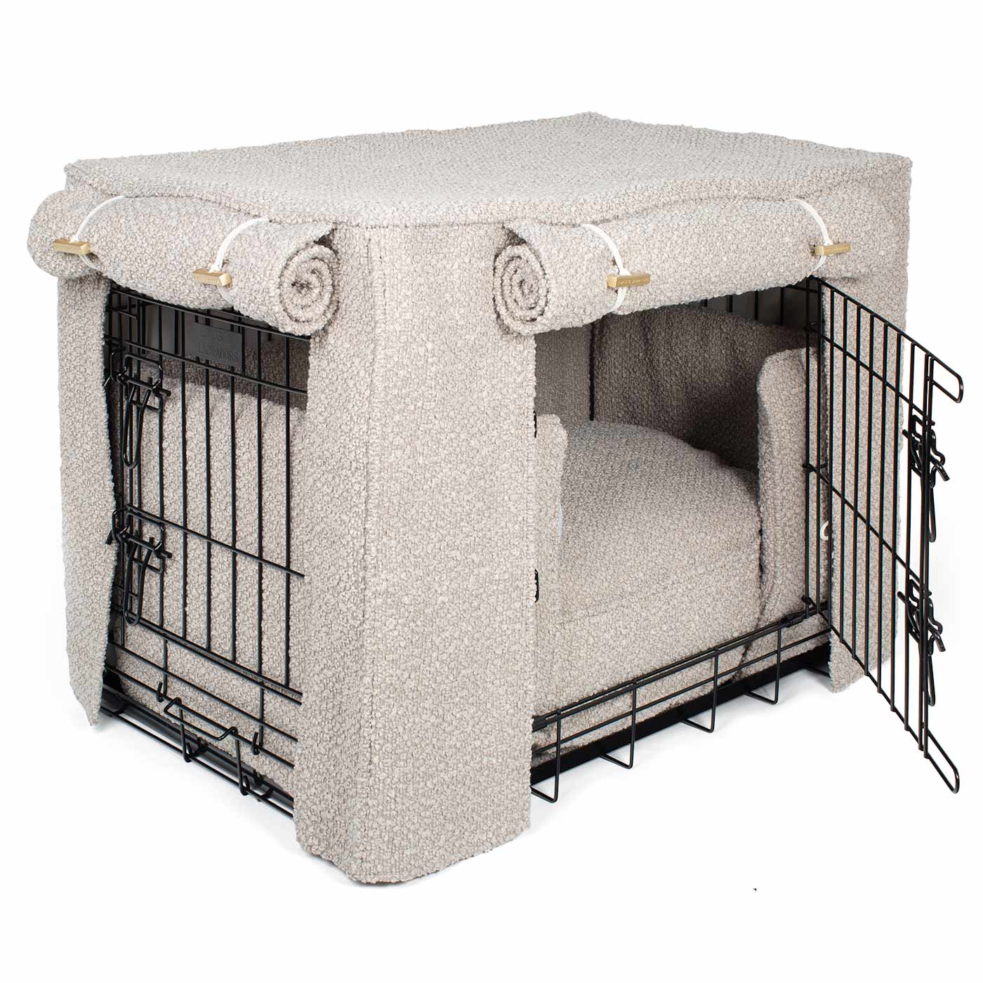 Luxury Heavy Duty Dog Cage, In Stunning Mink Bouclé Cage Set, The Perfect Dog Cage Set For Building The Ultimate Pet Den! Dog Cage Cover Available To Personalize at Lords & Labradors US
