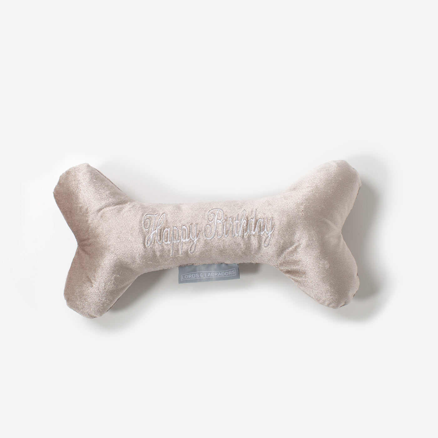 [color:mushroom velvet] Present The Perfect Pet Playtime With Our Luxury 'Happy Birthday' Dog Bone Toy, In Stunning Mushroom Velvet! Available Now at Lords & Labradors US