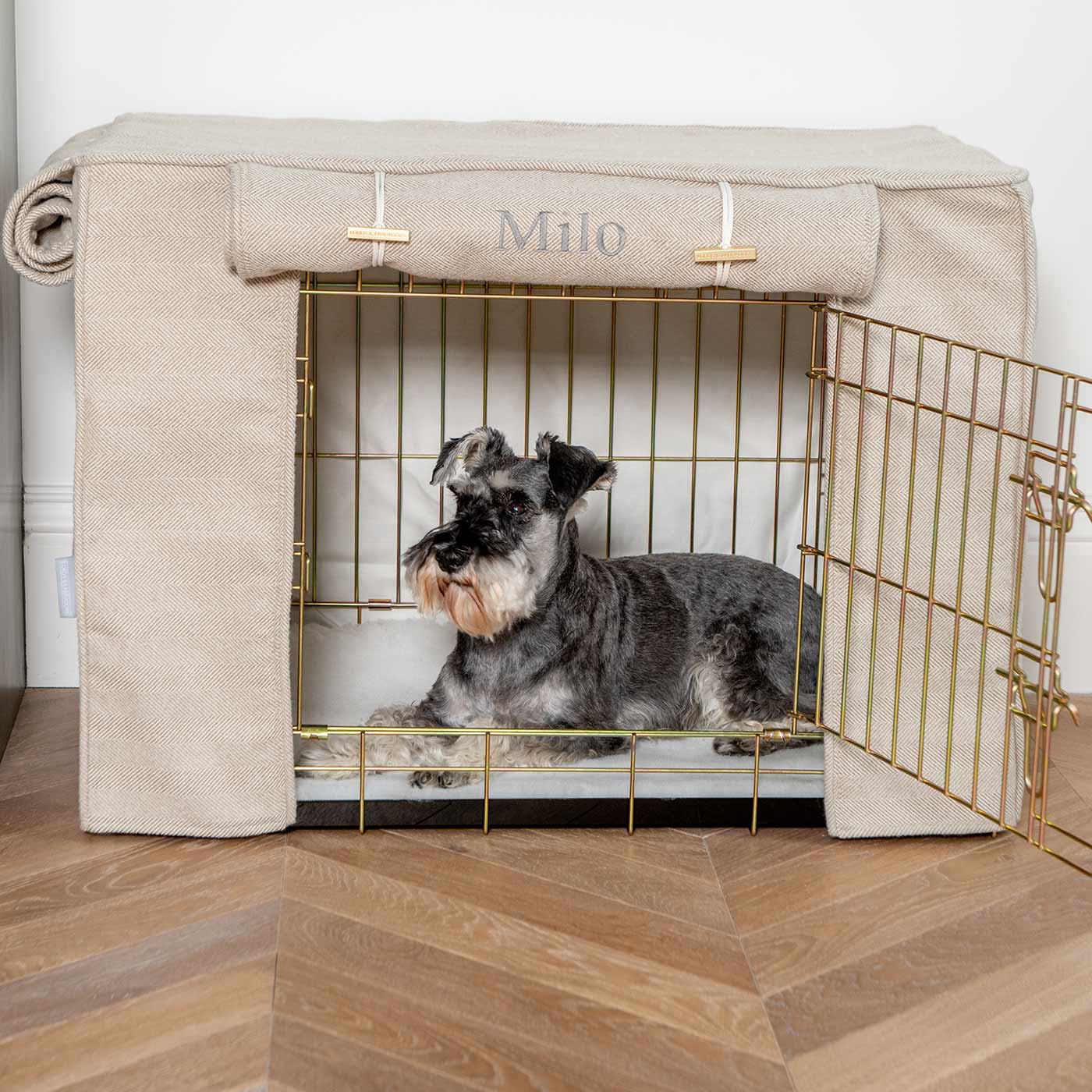 Luxury Dog Cage Cover, Natural Herringbone Tweed Cage Cover The Perfect Dog Cage Accessory, Available To Personalize Now at Lords & Labradors US