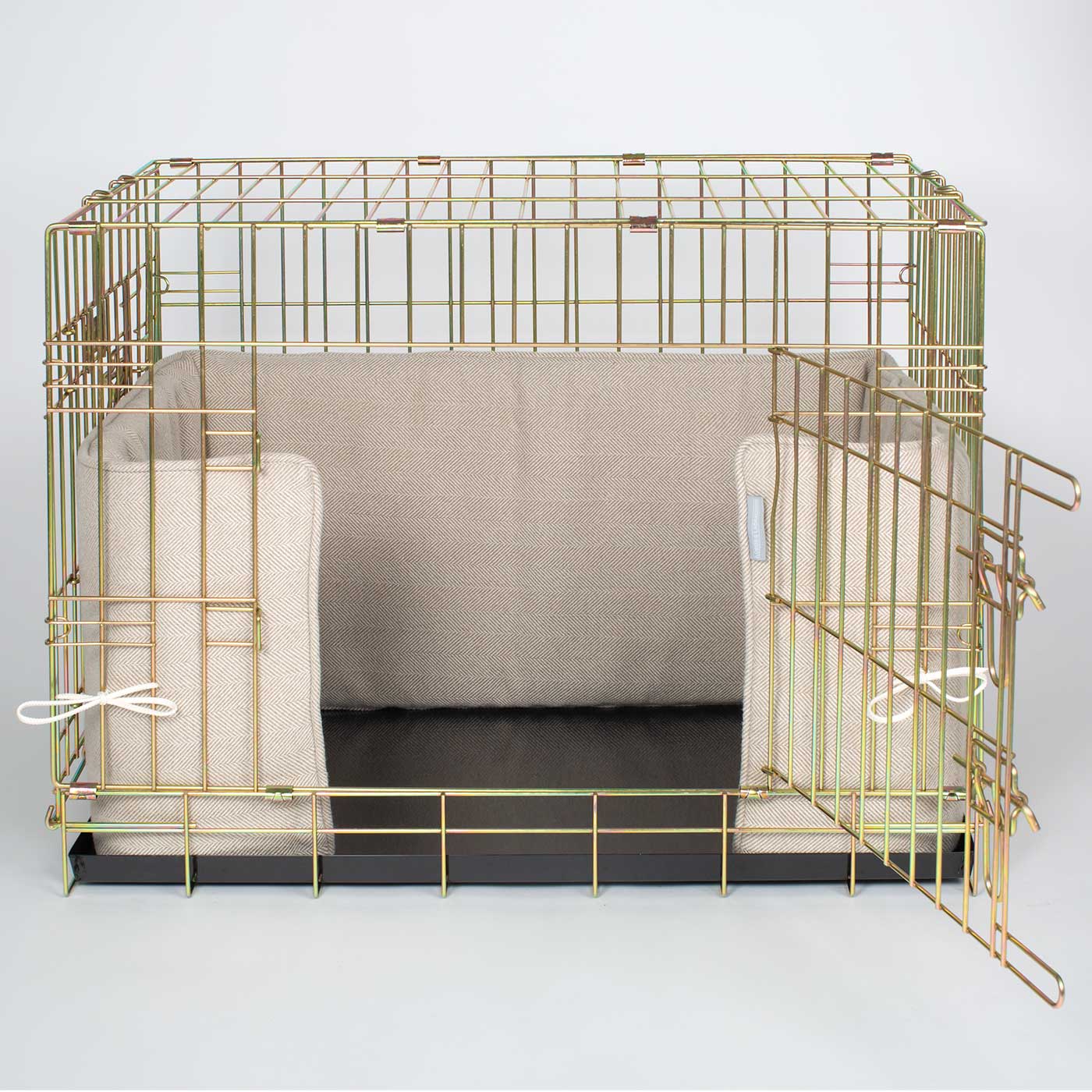 Luxury Dog Cage Bumper, Natural Herringbone Tweed Cage Bumper Cover The Perfect Dog Cage Accessory, Available To Personalize Now at Lords & Labradors US