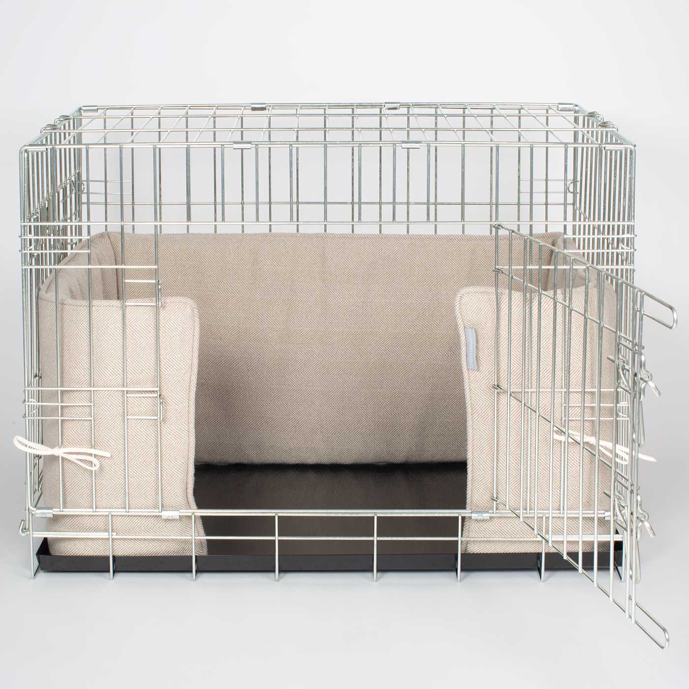 Luxury Dog Cage Bumper, Natural Herringbone Tweed Cage Bumper Cover The Perfect Dog Cage Accessory, Available To Personalize Now at Lords & Labradors US