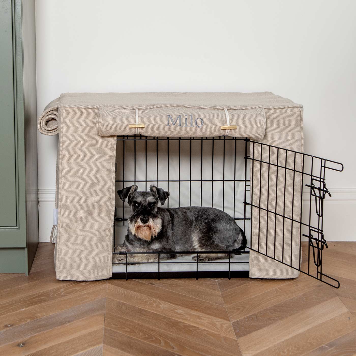 Luxury Dog Cage Cover, Natural Herringbone Tweed Cage Cover The Perfect Dog Cage Accessory, Available To Personalize Now at Lords & Labradors US