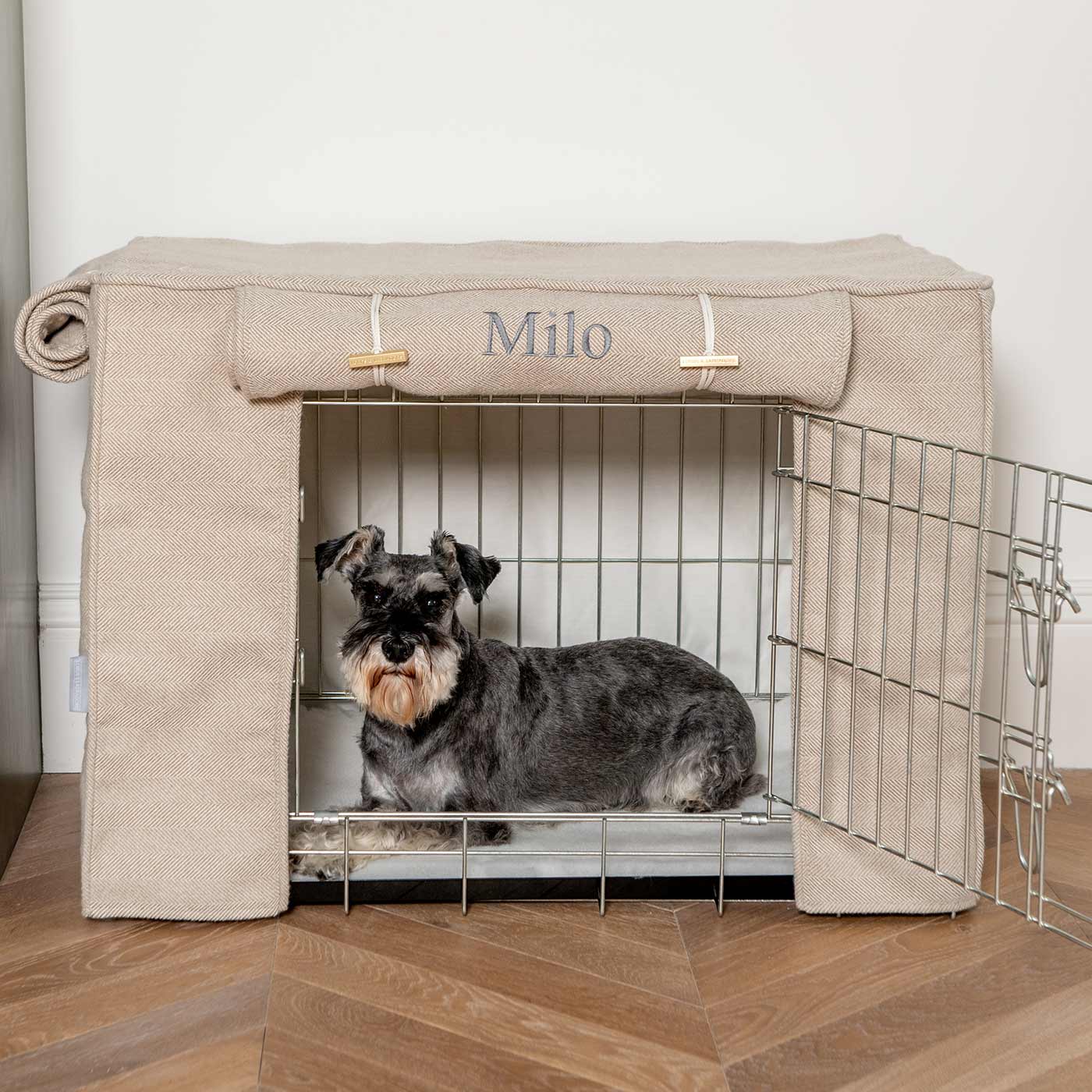 Luxury Dog Cage Cover, Natural Herringbone Tweed Cage Cover The Perfect Dog Cage Accessory, Available To Personalize Now at Lords & Labradors US