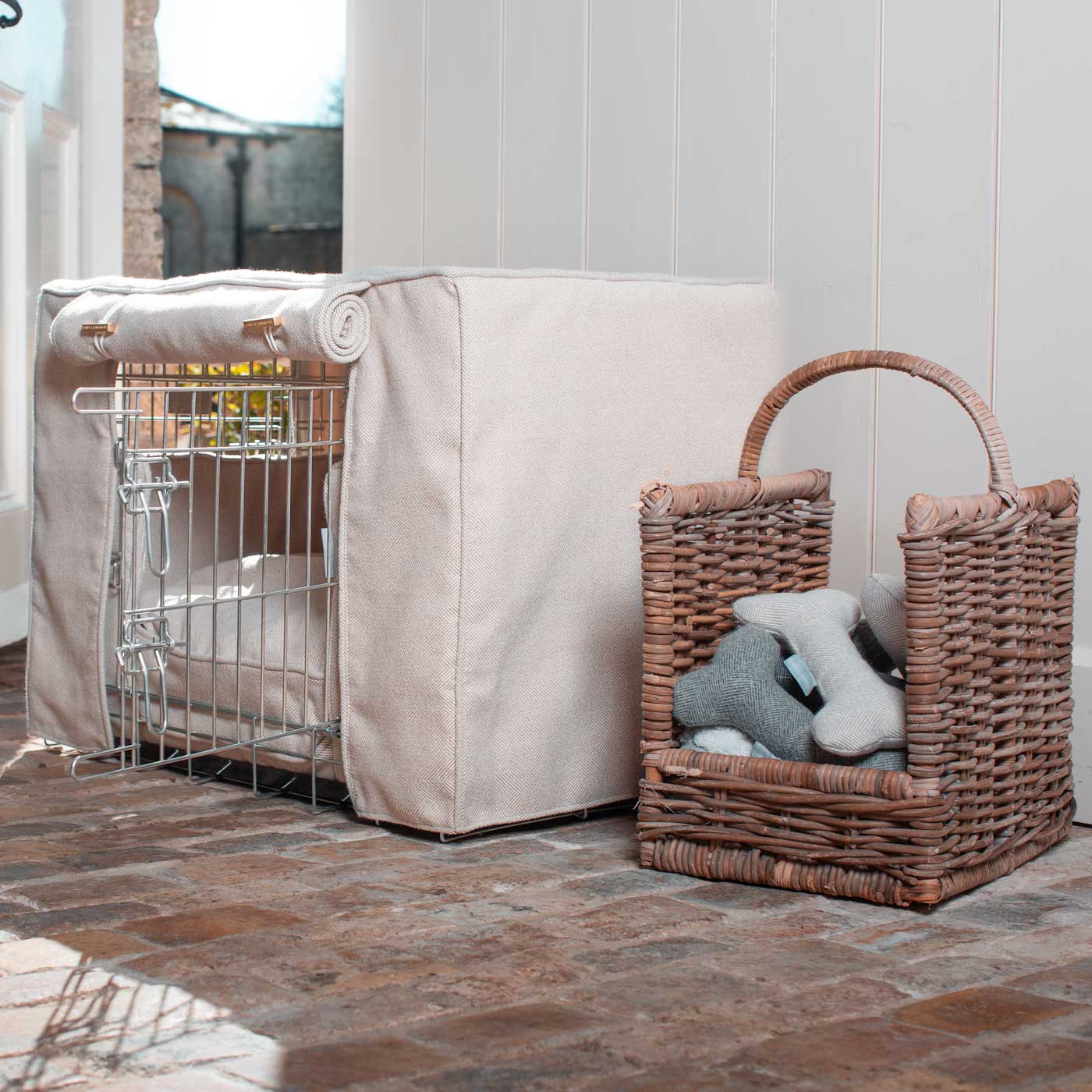 Luxury Heavy Duty Dog Cage, In Stunning Natural Herringbone Tweed Cage Set, The Perfect Dog Cage Set For Building The Ultimate Pet Den! Dog Cage Cover Available To Personalize at Lords & Labradors US