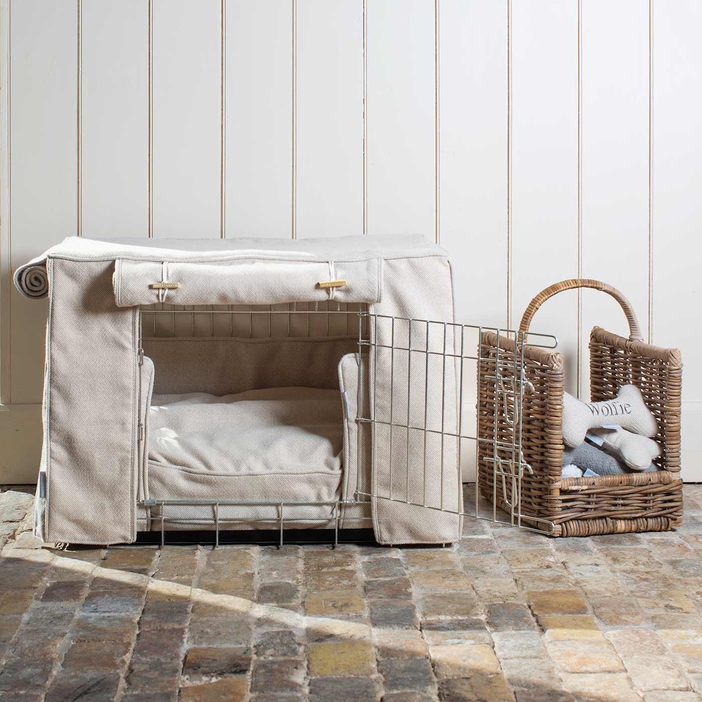 Luxury Heavy Duty Dog Cage, In Stunning Natural Herringbone Tweed Cage Set, The Perfect Dog Cage Set For Building The Ultimate Pet Den! Dog Cage Cover Available To Personalize at Lords & Labradors US