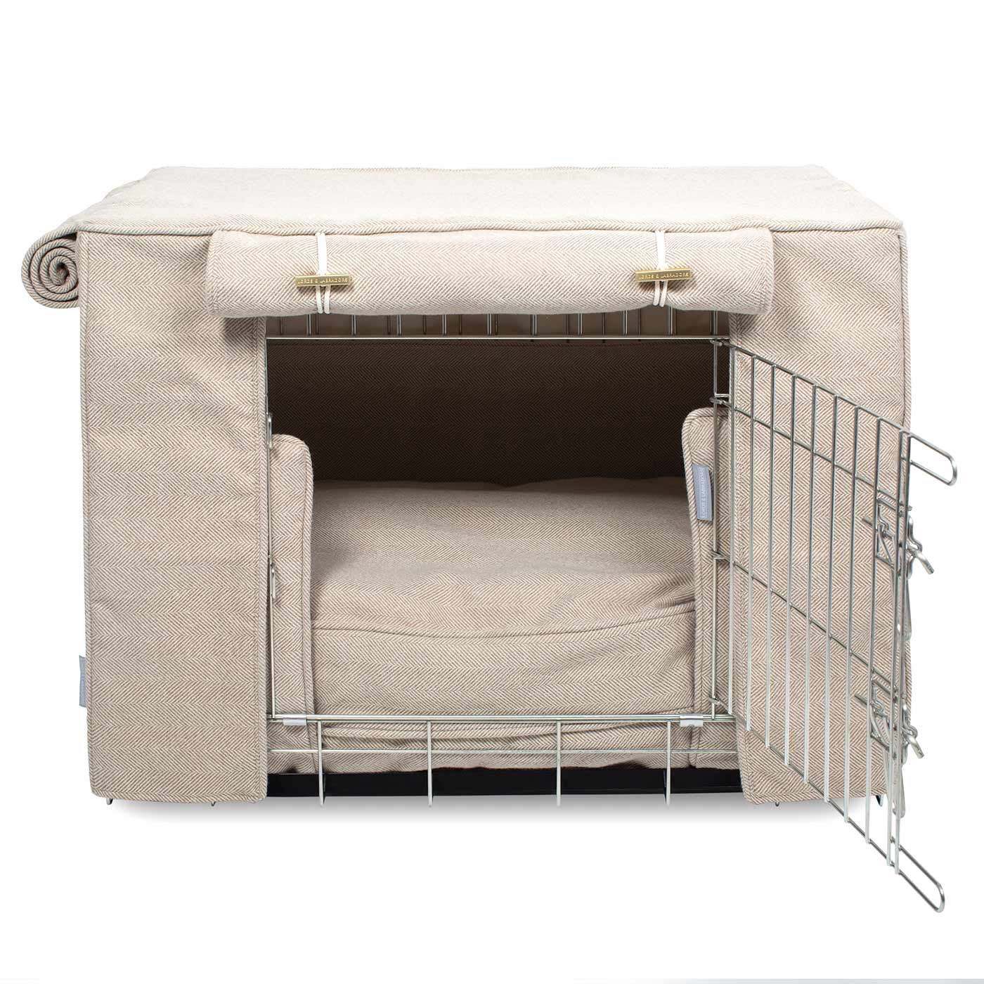 Luxury Heavy Duty Dog Cage, In Stunning Natural Herringbone Tweed Cage Set, The Perfect Dog Cage Set For Building The Ultimate Pet Den! Dog Cage Cover Available To Personalize at Lords & Labradors US