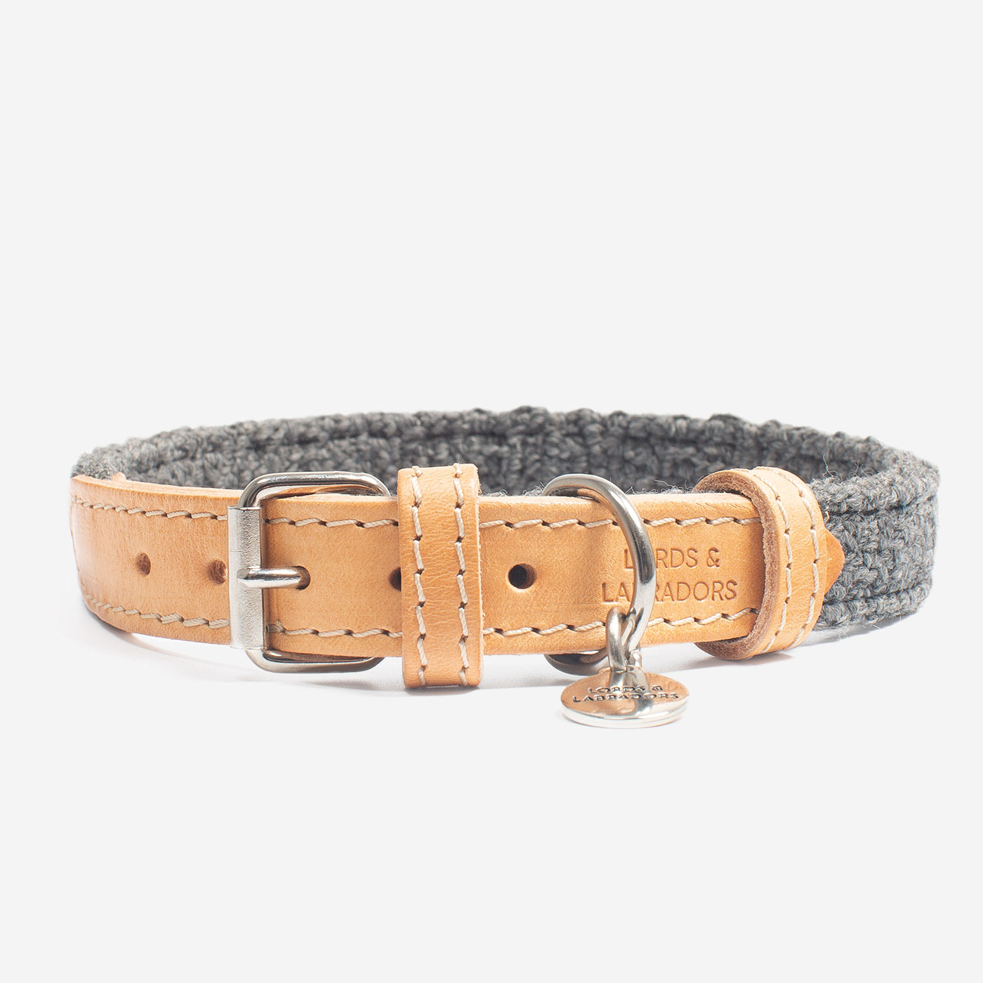 Discover dog walking luxury with our handcrafted Italian dog collar in beautiful graphite with woven dark grey fabric! The perfect collar for dogs available now at Lords & Labradors US