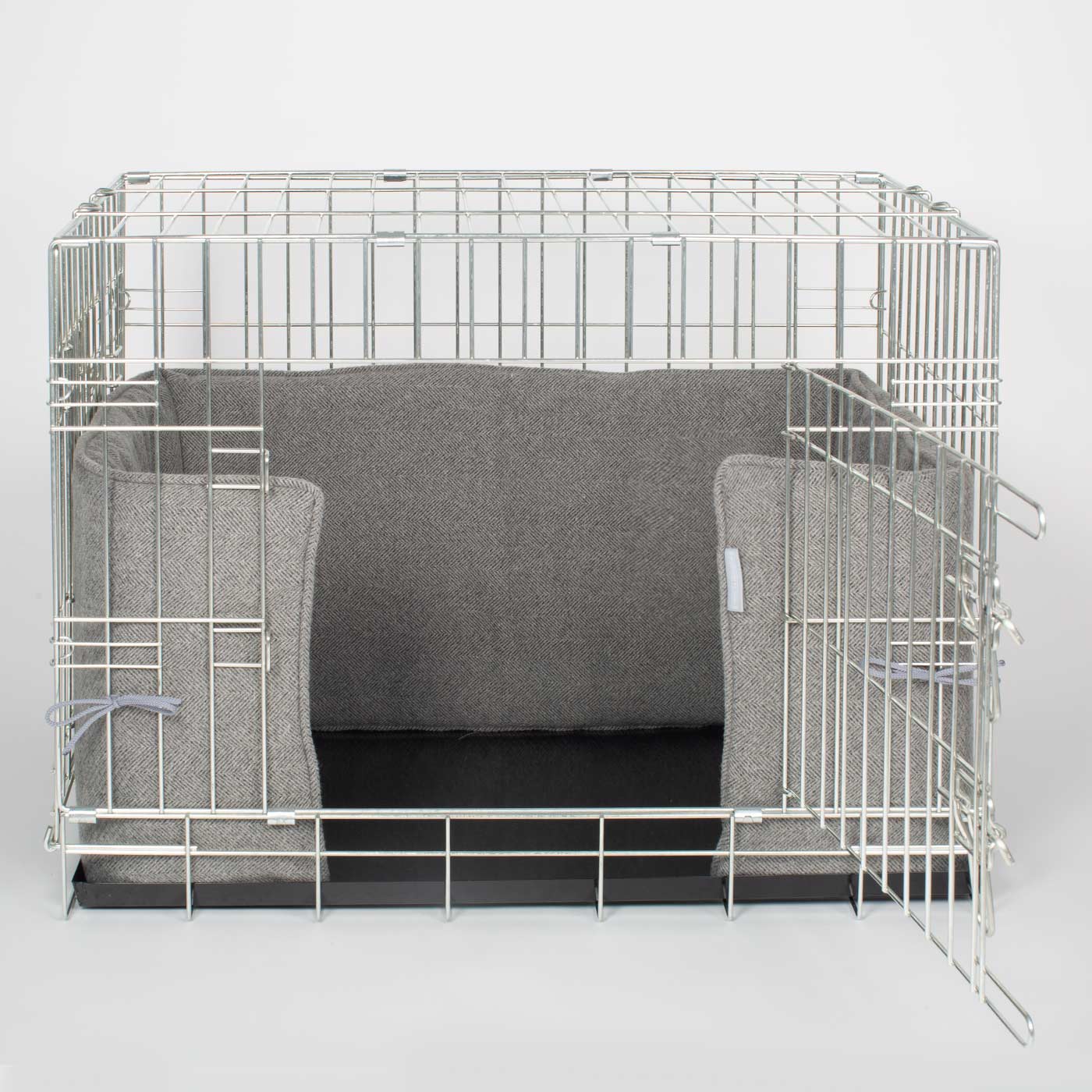  [color:pewter herringbone] Luxury Dog Cage Bumper, Pewter Herringbone Tweed Cage Bumper Cover, The Perfect Dog Cage Accessory, Available Now at Lords & Labradors US