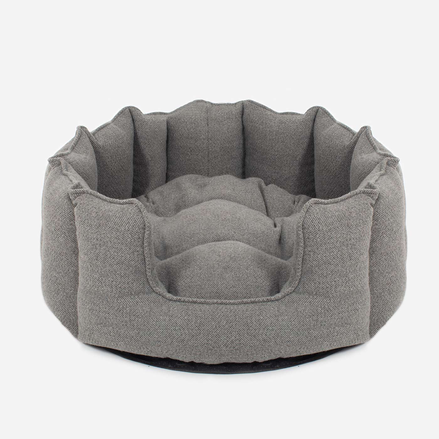 Discover Our Luxurious High Wall Bed For Dogs, Featuring inner pillow with plush teddy fleece on one side To Craft The Perfect Dogs Bed In Stunning Pewter Herringbone Tweed! Available To Personalize Now at Lords & Labradors US
