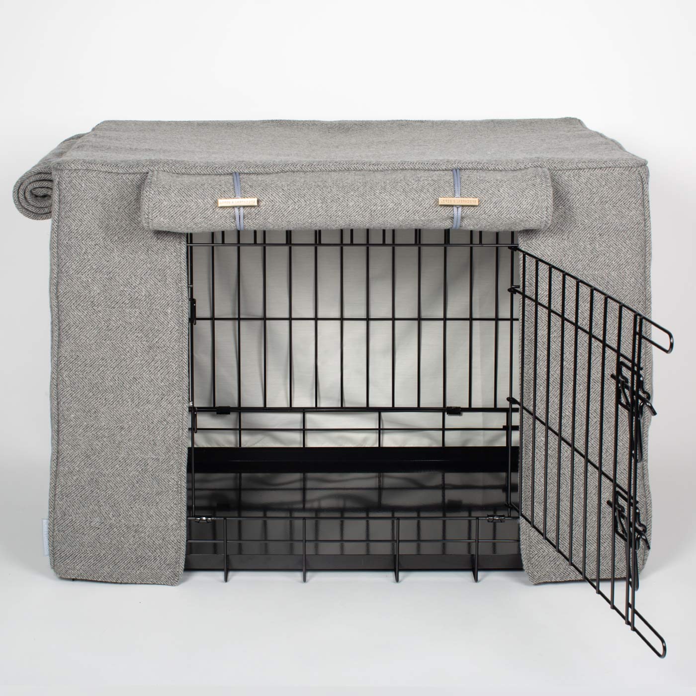 Luxury Dog Cage Cover, Pewter Herringbone Tweed Cage Cover The Perfect Dog Cage Accessory, Available To Personalize Now at Lords & Labradors US