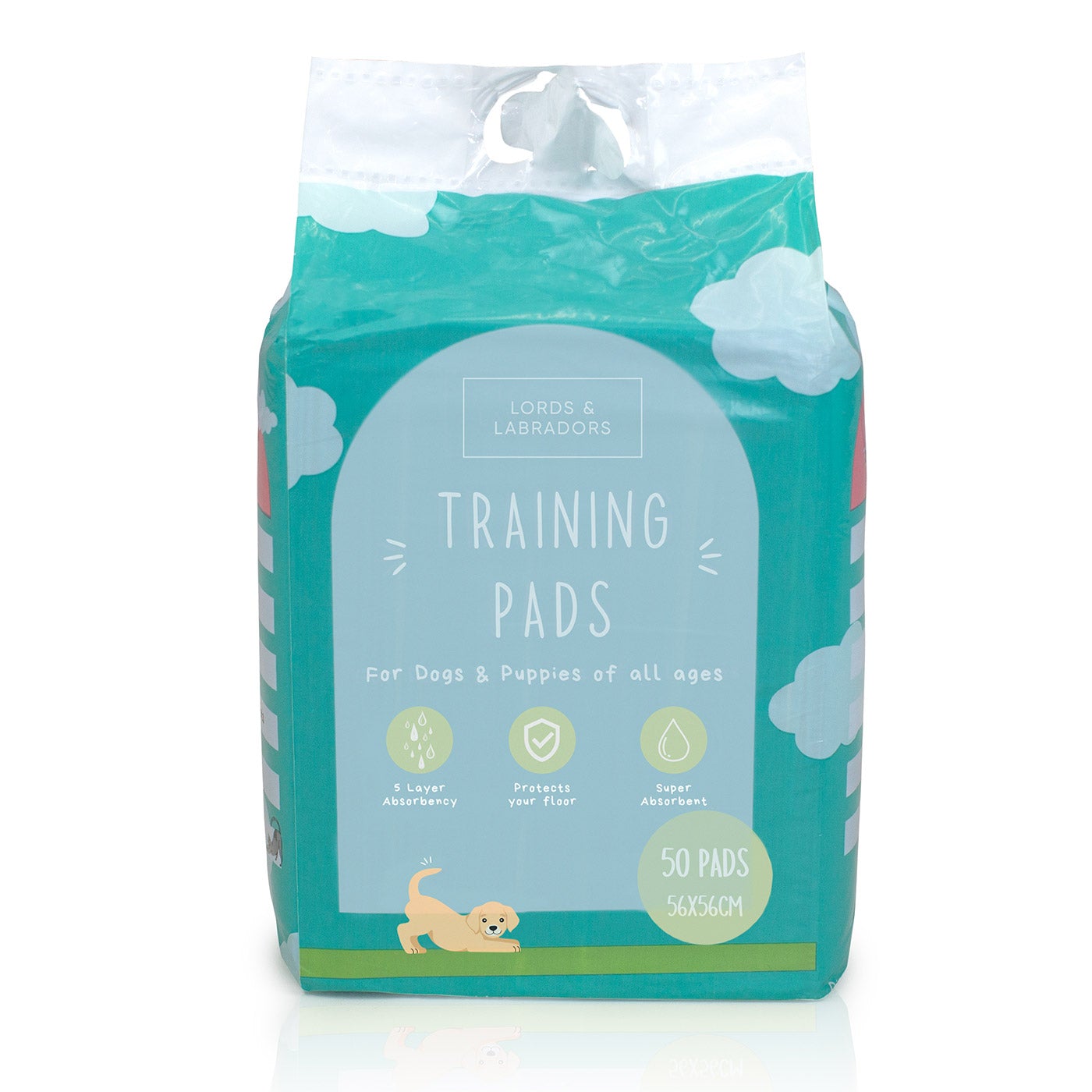 Discover Puppy Training Pads, 50 pads per pack. Featuring Super absorbent with 5 layers absorbency, and Makes house training easy and protects floors. Reducing smelly odours, Perfect for training puppies, travelling, ill or confined dogs. now available at Lords and Labradors US