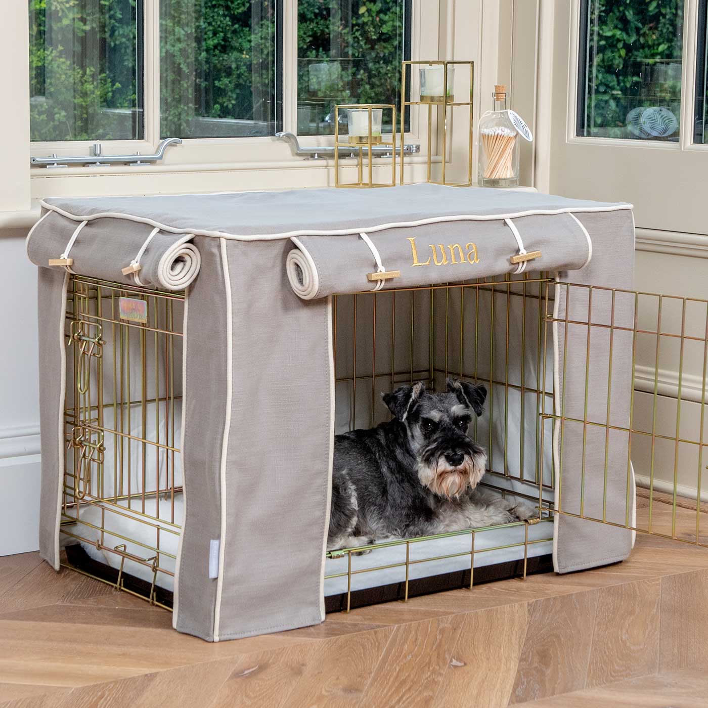 Luxury Dog Cage Cover, Savanna Stone Cage Cover The Perfect Dog Cage Accessory, Available To Personalize Now at Lords & Labradors US